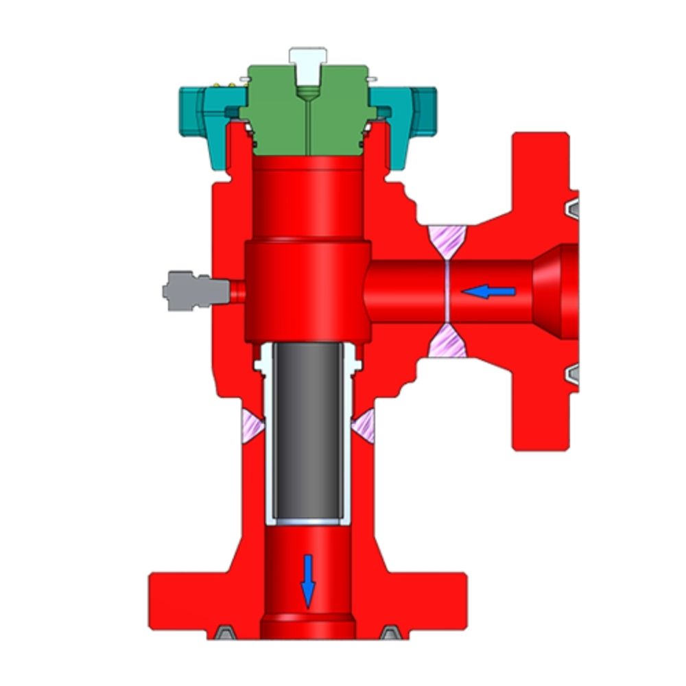 Untitled design 97 - rawatflowline.com Cross-sectional diagram of a hydraulic cylinder and valve assembly showing piston, seals, and flow arrows indicate fluid direction (downward piston stroke).