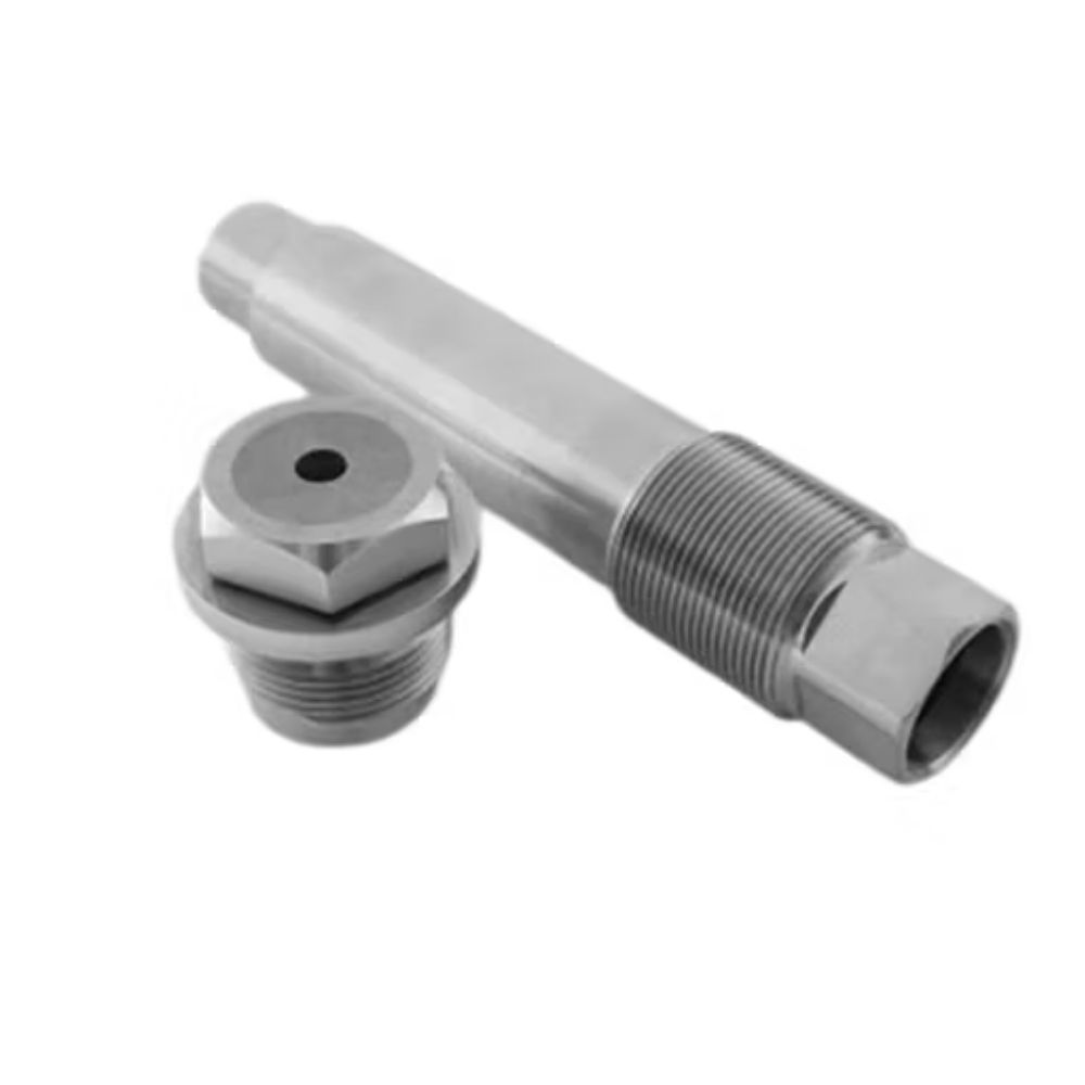 Untitled design 98 - rawatflowline.com Two-part metal plumbing fitting with a threaded male pipe and a separate nut component to be tightened together.