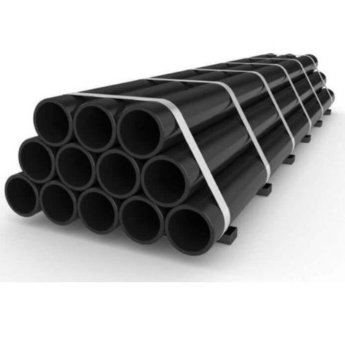 5L Bundle of black plastic pipes tied with white straps on a pallet.